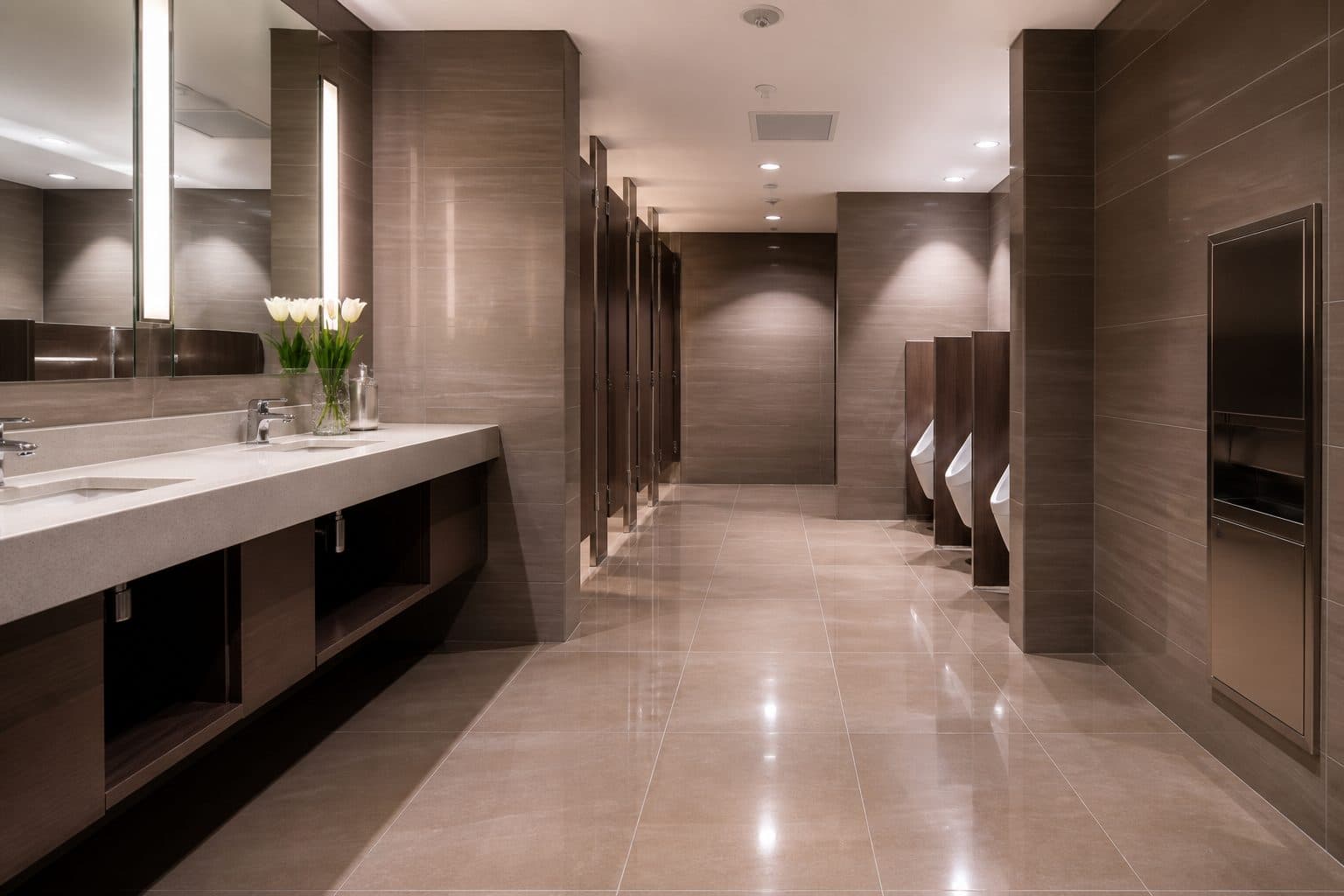Inspection-ready commercial restroom maintained by professional janitorial crews
