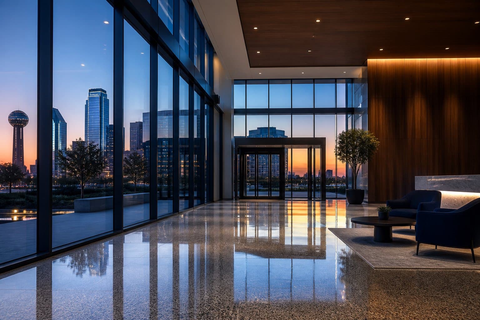 Pristine commercial office lobby ready for corporate occupancy in Dallas-Fort Worth